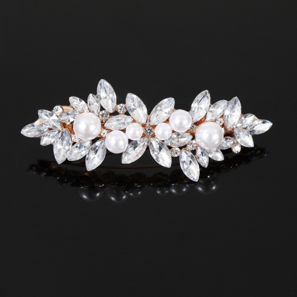 Faux Pearl Golden Hair Barrette Statement Silver Tone Leaves Natural Textured